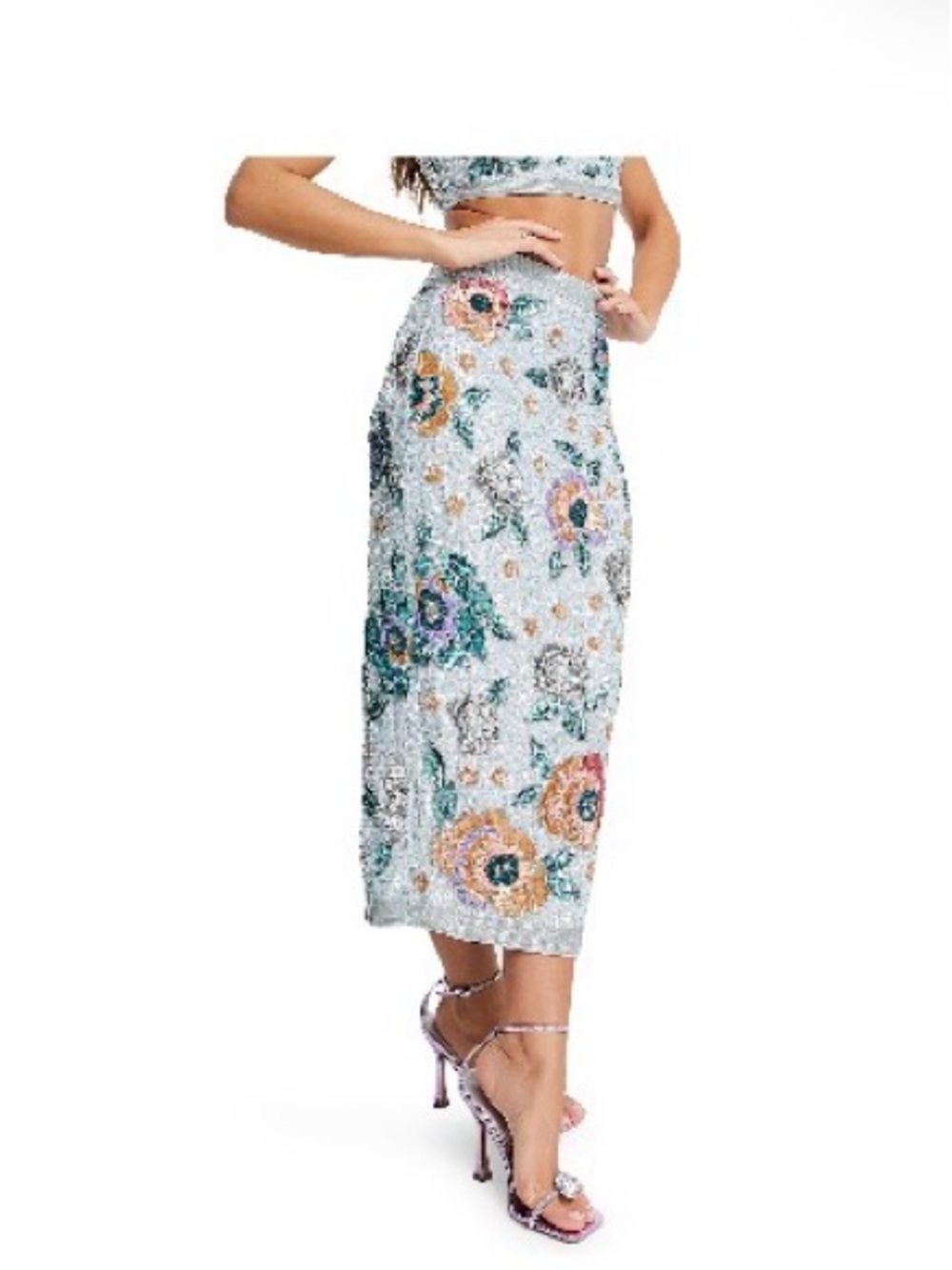 Floral Sequin Midi Skirt in Silver